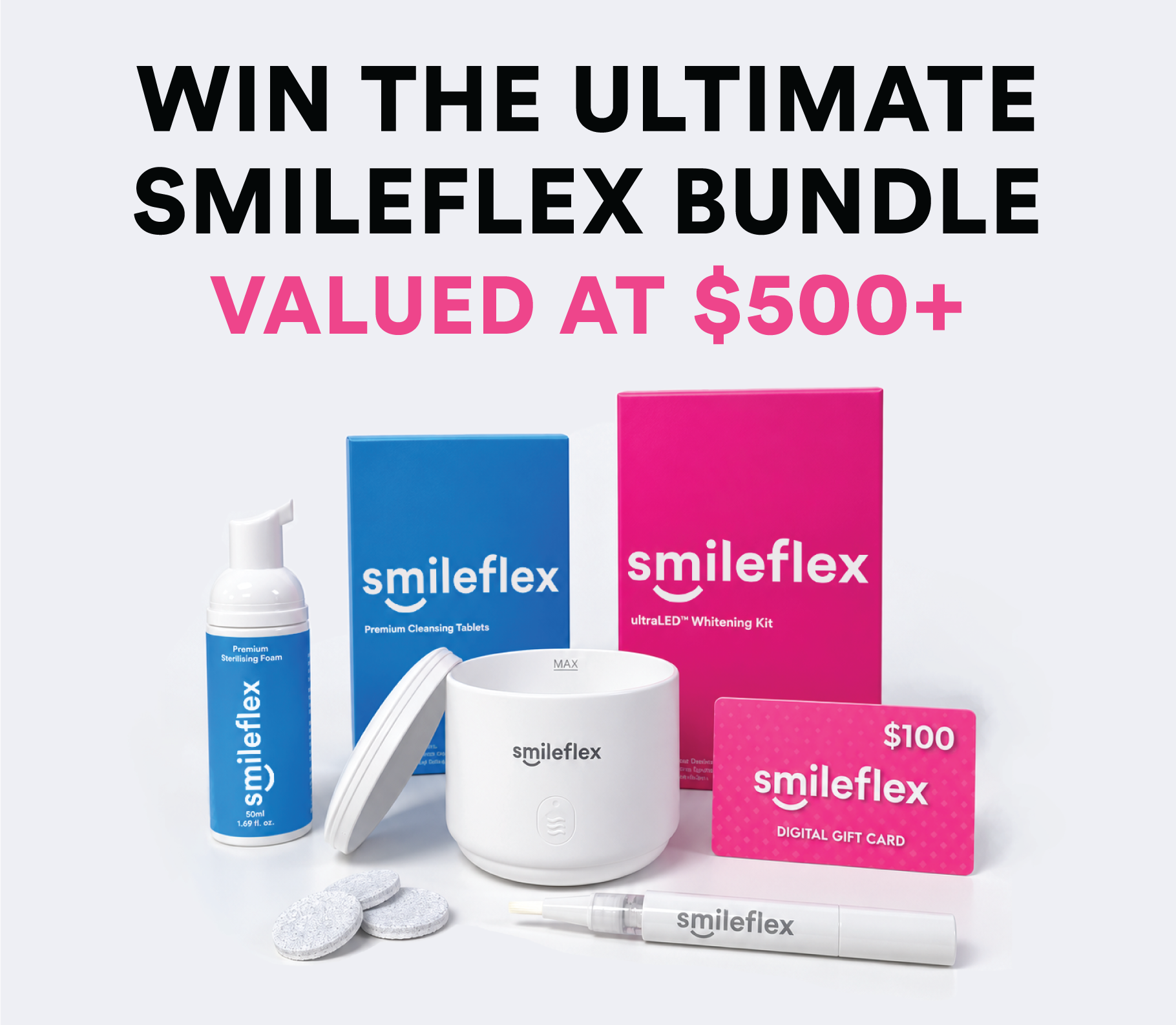Ultimate Smileflex Bundle including whitening and cleaning products and a $100 Smileflex Gift Card